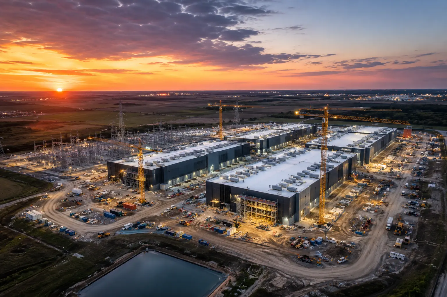 Aerial view at sunset of a large data center campus under construction with tower cranes, a power substation, and transmission lines running to the horizon