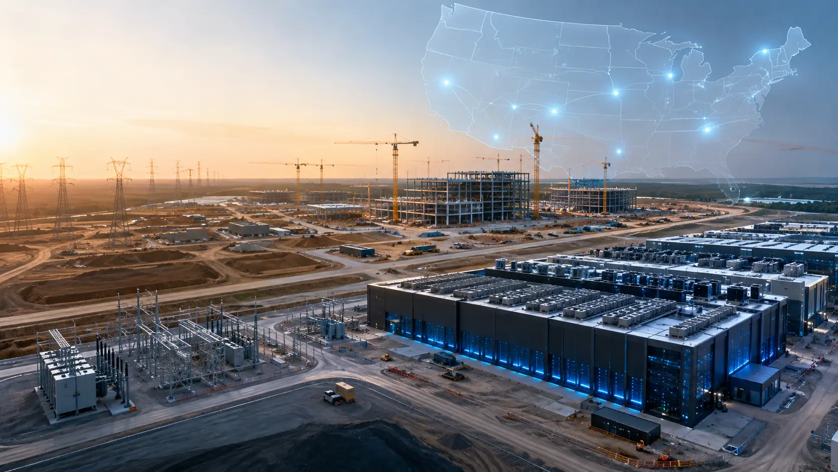 Large AI data center campus under construction at sunset with tower cranes, steel building skeletons, a power substation, and a glowing map of the United States overlaying the sky