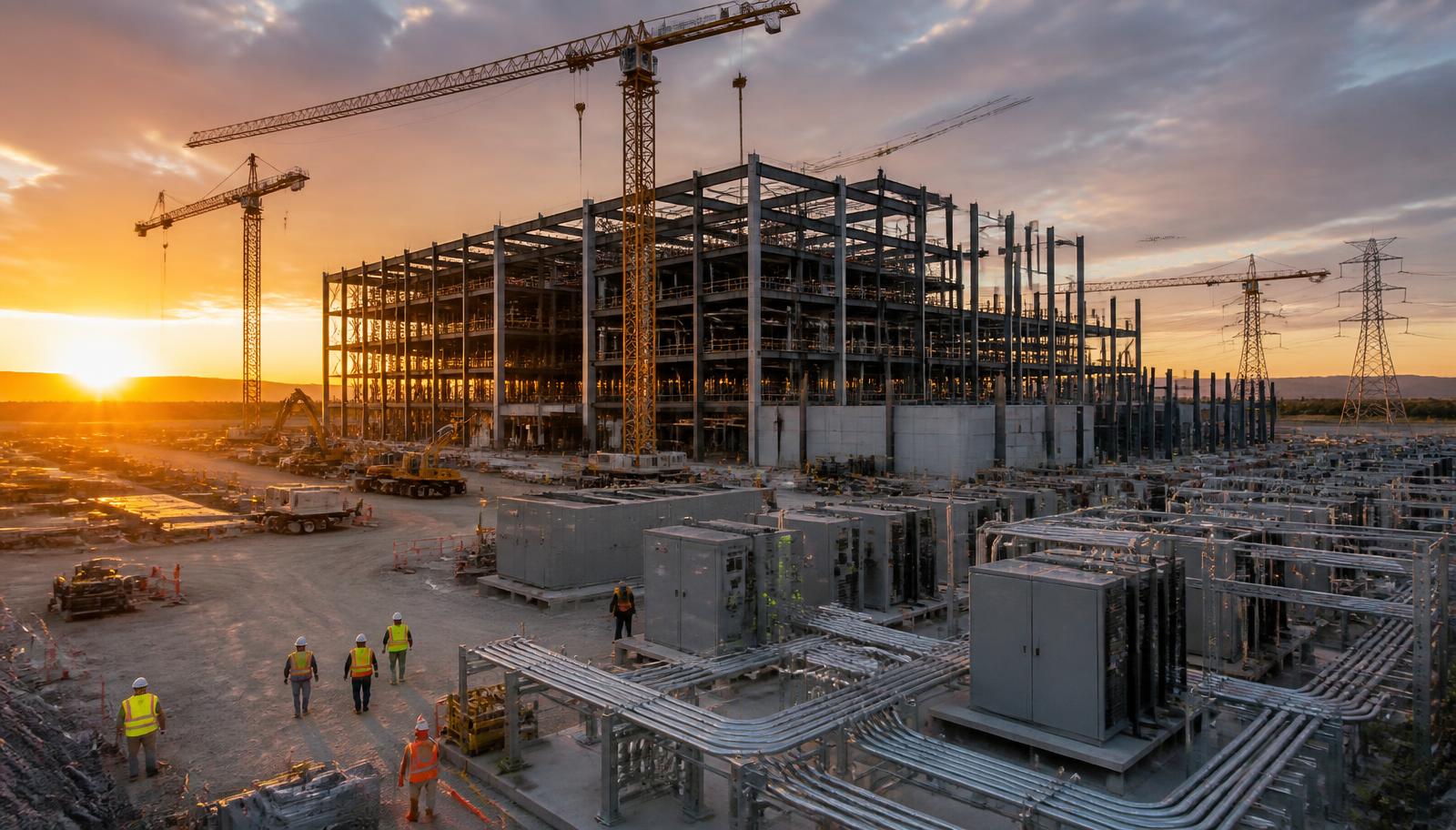 Large data center under construction at sunset with tower cranes, structural steel, switchgear lineups, conduit racks, and construction crews in hard hats